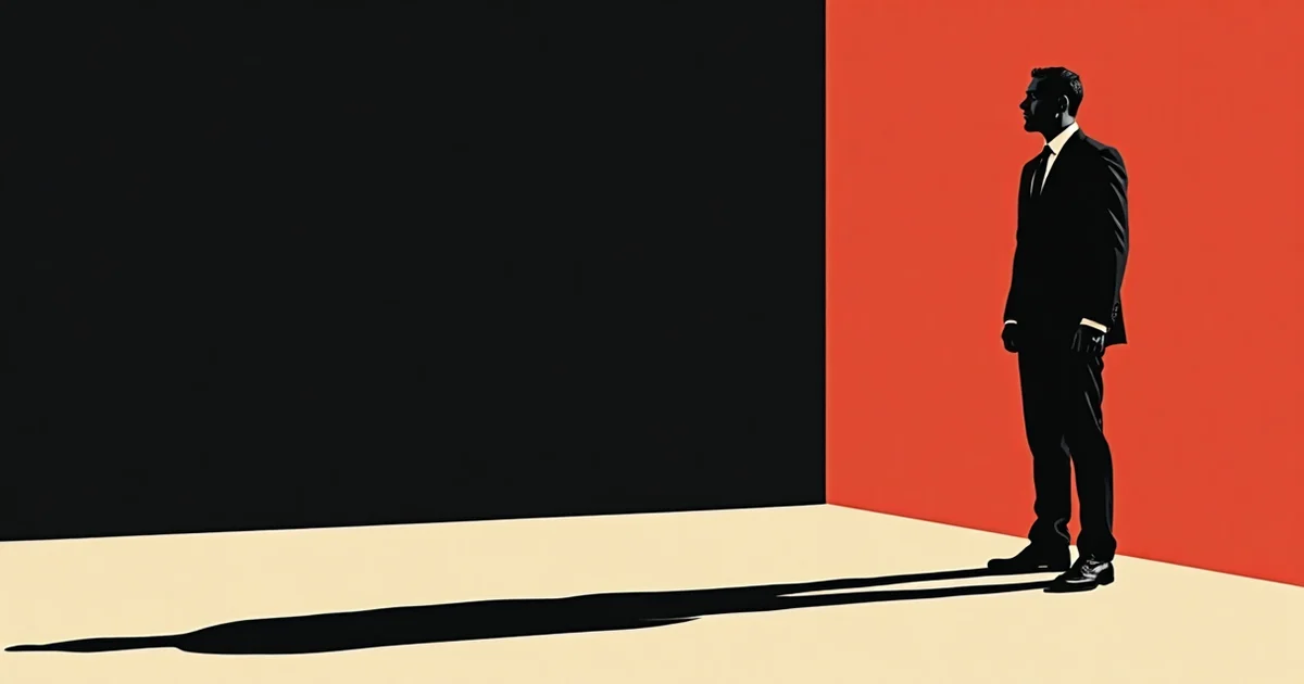 Un homme en costume face à son ombre projetée sur un mur rouge, l'écart entre l'image et la réalité.