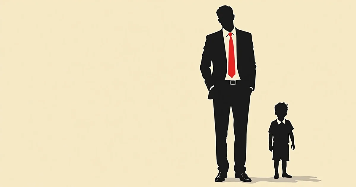 Silhouette d'un homme en costume accompagné d'un enfant, l'image de l'homme-enfant.