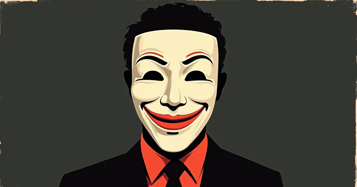 Un homme tient devant son visage un masque souriant, le charme comme façade.