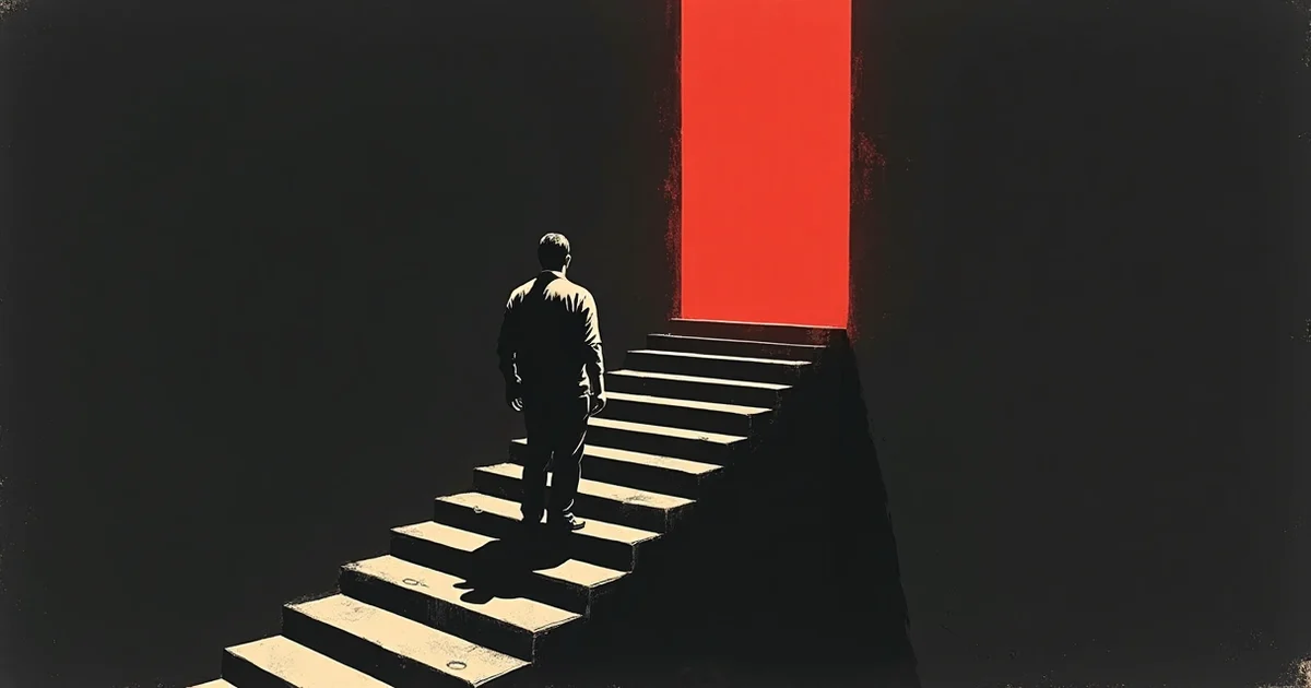 Un homme gravit un escalier vers une lumière, la maturité comme effort.